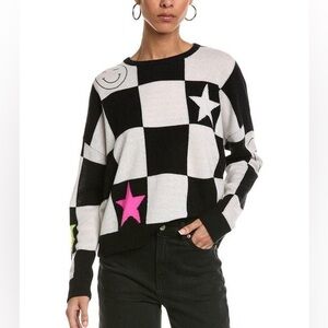 NEW BRODIE CASHMERE checkmate sweater pink neon black white fun NWT sz medium